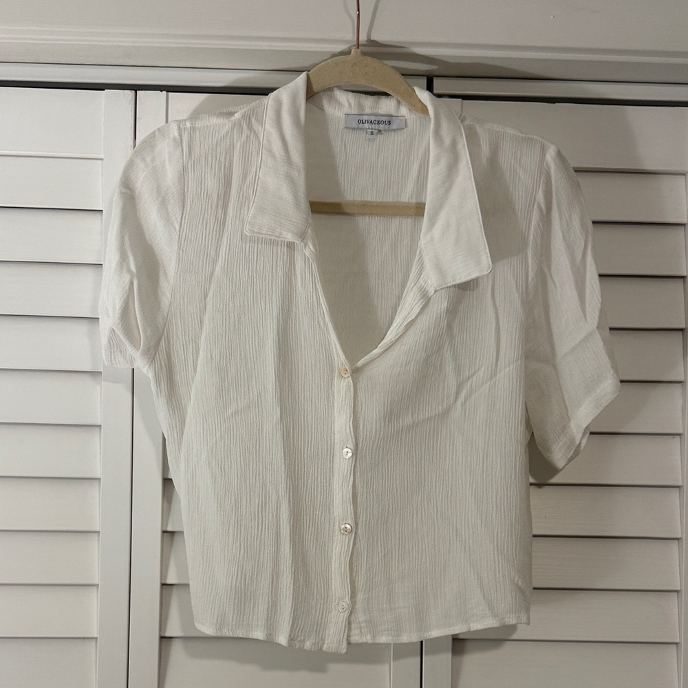 Olivaceous White Cropped Button-Up Shirt